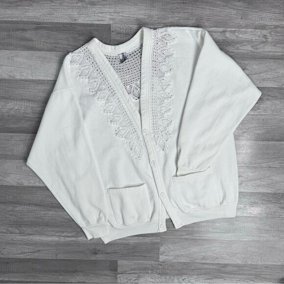 Vintage Sweatshirt Cardigan Button Sheer Lace White - Picture 1 of 7